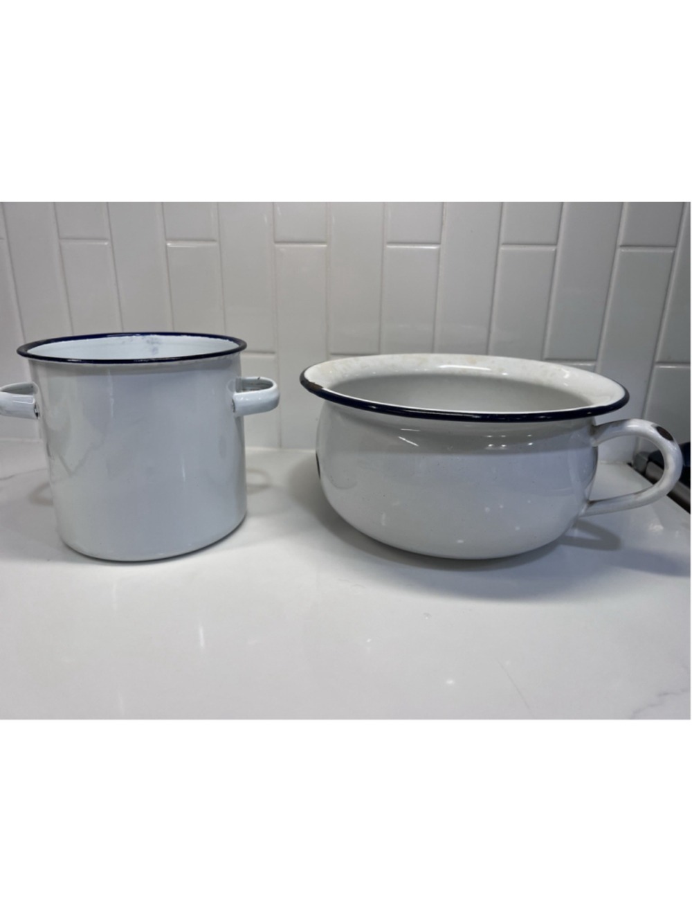 Antique White Enamel Handled Pot And Chamber Pot Farmhouse